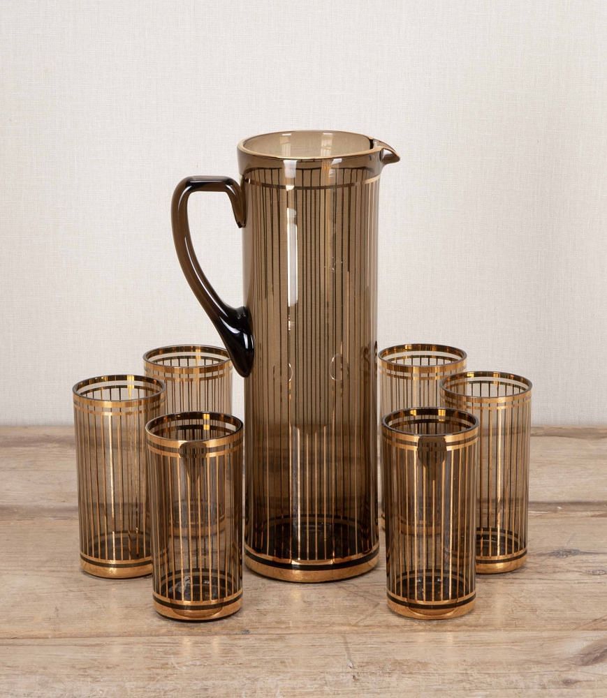 Mid-Century American 22 Carat Gold & Smoked Glass Cocktail Jug & Tumblers Set DA5843457