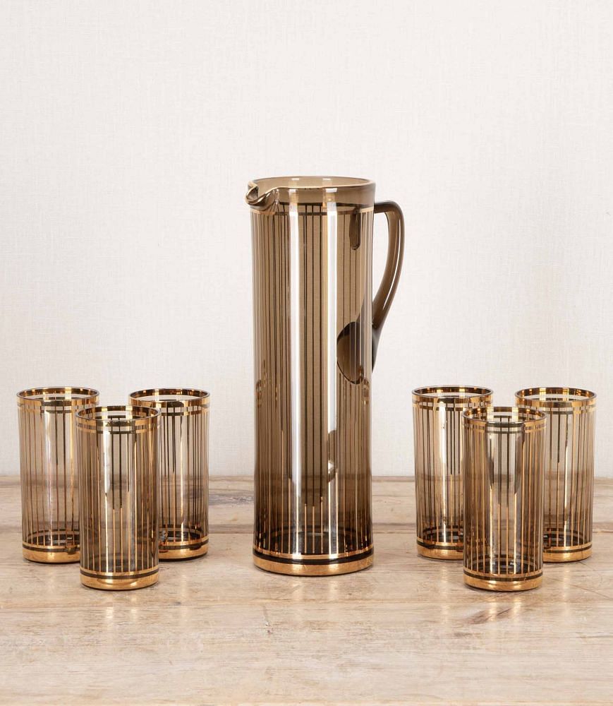 Mid-Century American 22 Carat Gold & Smoked Glass Cocktail Jug & Tumblers Set DA5843457