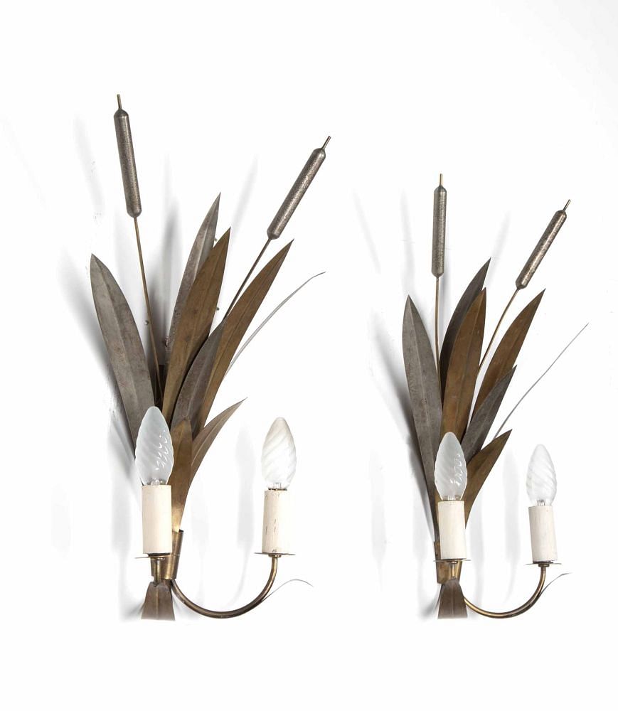 Pair of French Art Deco Bullrush Toleware Wall Lights LW8039755
