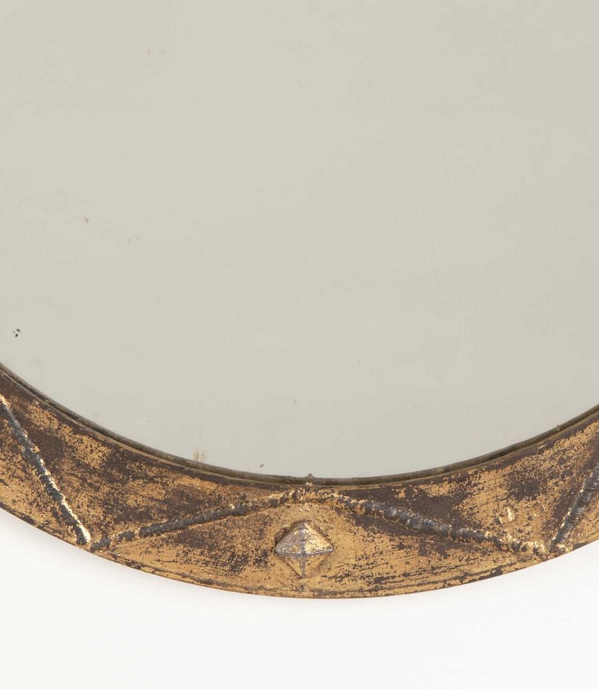 Mid-Century Spanish Round Gilt Metal and Leather Mirror MI3842779