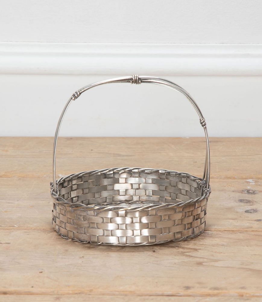 Mid Century Round Silver Plate Woven Bread Basket with Handle DA1534365