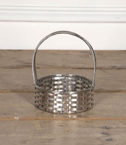 20th Century Round Silver Plate Woven Basket with Handle DA1531246