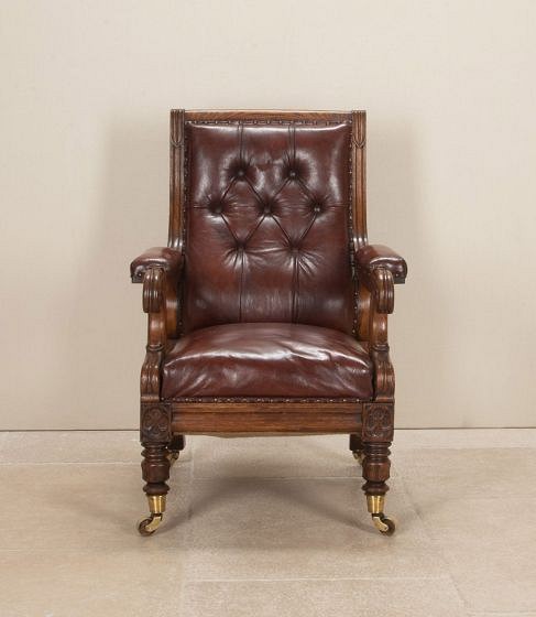 19th Century English Oak Leather Library Chair CH0343543