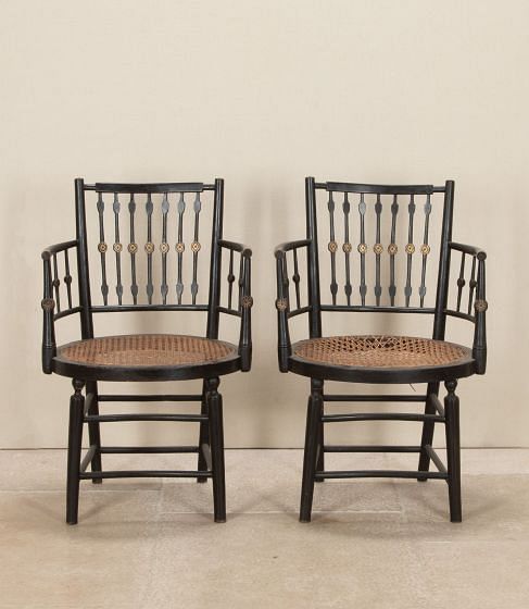 Pair of Victorian Ebonised and Caned Open Armchairs CH7035901