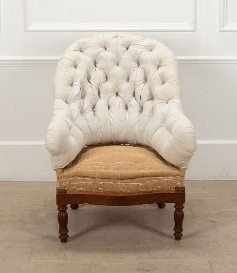 19th Century French Button Back Armchair in Hessian and Calico CH7241185