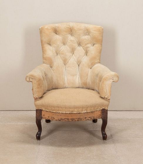 19th Century French Country House Button Back Armchair in Hessian and Calico CH7244091
