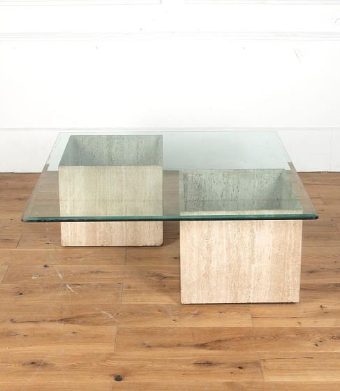20th Century French Travertine Base and Glass Coffee Table CT3713265