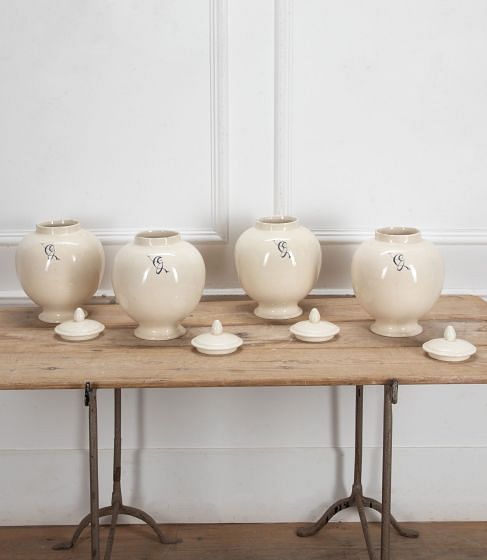 Set of Four Large 20th Century Italian White Tin Glazed 'Globe' Apothecary Jars with Lids DA2341374