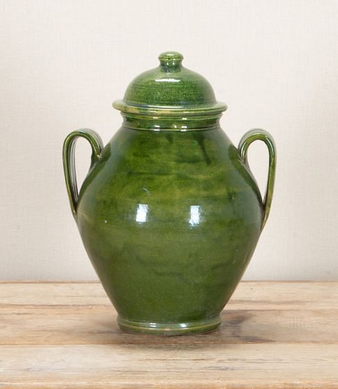 Large 20th Century Portuguese Lidded Green Glaze Earthenware Bakers Jar DA2342746