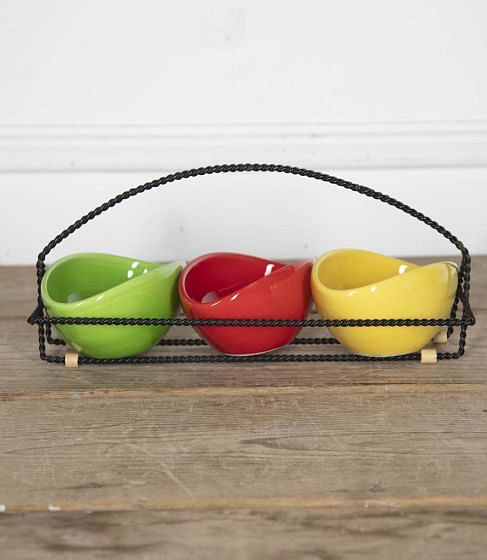 Set of Three Mid-Century Multicolour Vallauris Aperitif Bowls in Wire Work Basket DA2925560
