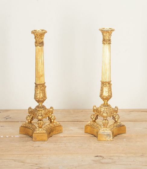Pair of 19th Century French Corinthian Column Gilt Bronze Candlesticks DA2942483