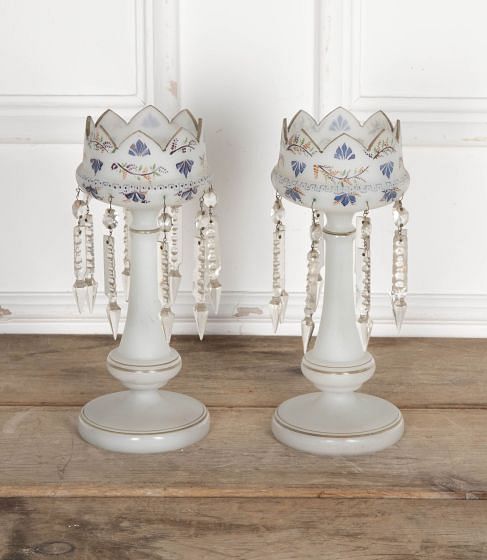 Pair of Mid 19th Century Napoleon III Opaline Candlestick Lustres DA3432421