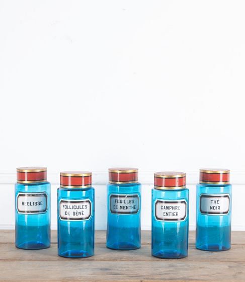 Set of Five 19th Century Blue Glass Hand Blown Apothecary Jars DA3435610