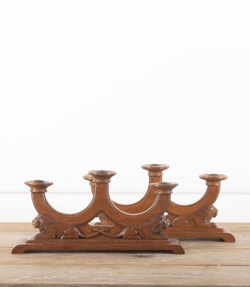 Pair XL Art Deco Carved Oak Lion Candelabra DA5836832