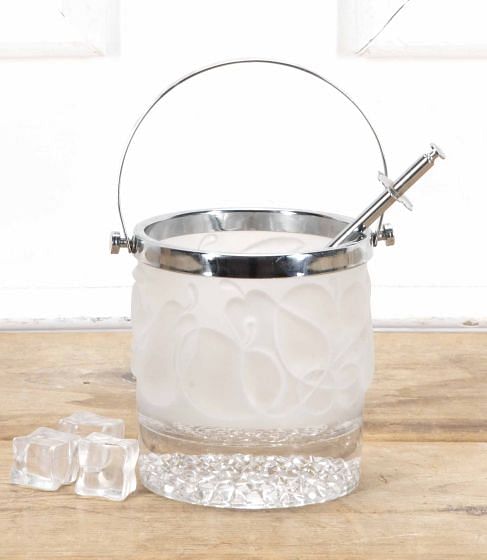 Mid-Century French Frosted Glass Ice Bucket & Grabber Tongs DA5840998