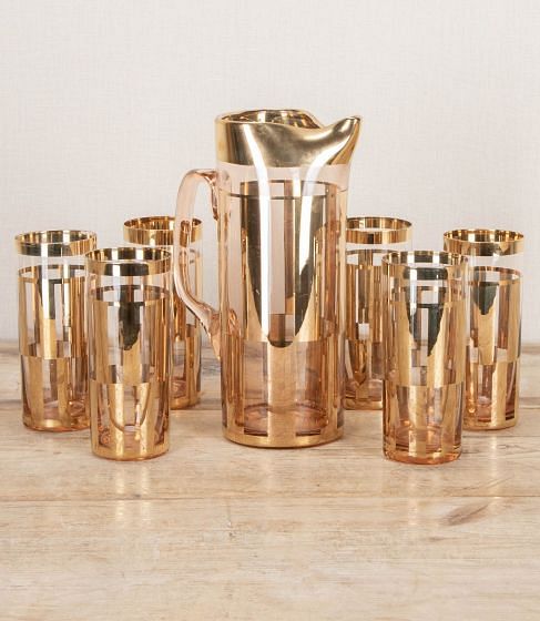 Mid-Century Blush Pink and 22 Carat Gold Lemonade Jug & Tumblers Set DA5843455
