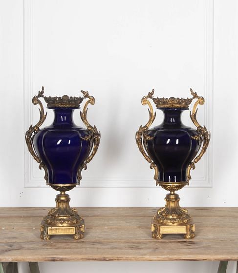 Pair of 19th Century French Blue Ceramic and Ormolu Vases DA8432844