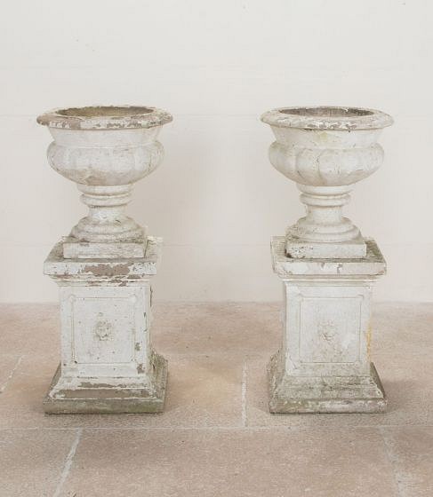 SALE: Pair of 20th Century English Garden Urns on Plinths GA1341595