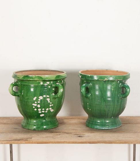 Large Pair of 19th Century Castelnaudary Green Glaze Terracotta Planters GA3442328