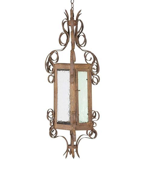 20th Century French Iron Lantern with Green Glass LL2153494