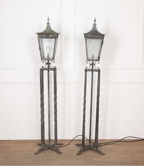 SALE: Pair of 20th Century Wrought Iron and Steel Column Lanterns LL3627435