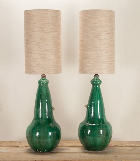 Large Pair of Mid-Century Italian Green Glaze Earthenware Wine Jar Lamps LT3442956