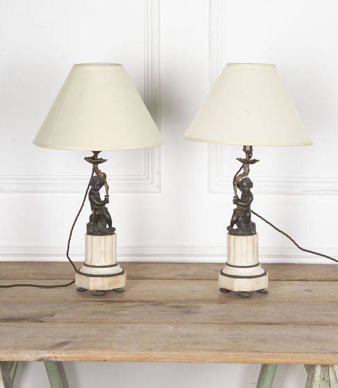 Pair of 19th Century French Marble and Bronze Cherub Table Lamps LT3730905