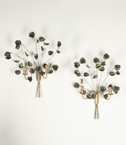 Pair of 20th Century French Floral Toleware Wall Lights LW3942836
