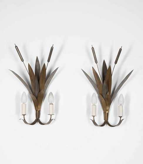 Pair of French Art Deco Bullrush Toleware Wall Lights LW8039755