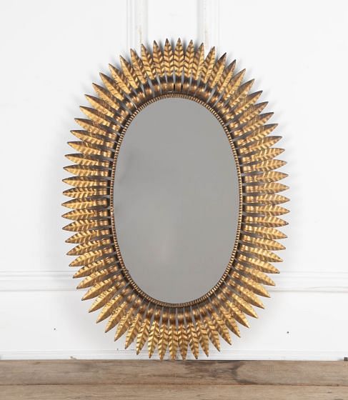Mid-20th Century Spanish Gilt Metal Leaf Oval Sun Mirror MI3432732