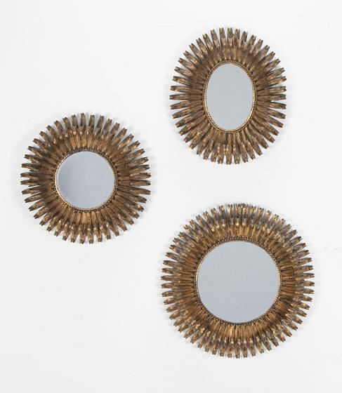Trio of Mid-Century 'Eyelash' Gilt Wrought Metal Sun Mirrors MI3442347