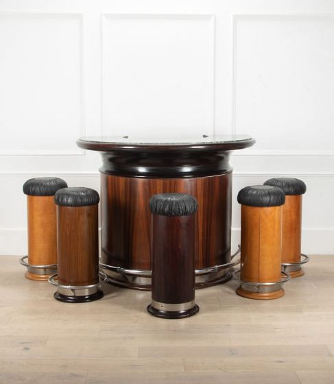 20th Century French Art Deco Style Round Bar with Six Stools OF4641139