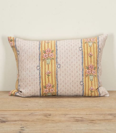 19th Century French Pink Flowers in Vases Stripe Linen Cushion RT4242545