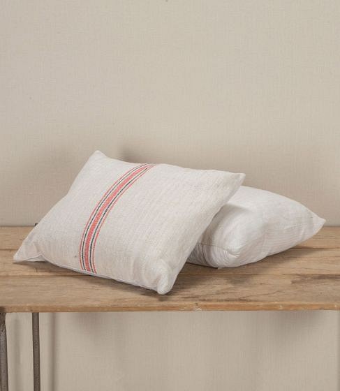 Pair of 20th Century Hungarian Grain Sack and Linen Cushions with Red and Navy Stripe RT7443660