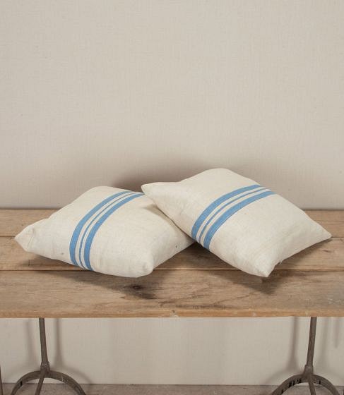 Pair of 20th Century Hungarian Grain Sack and Linen Cushions with Navy Stripe RT7443661