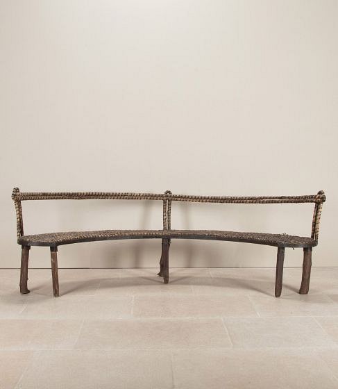 Large Early 20th Century French Primitive Curved Wooden Bench SB3743497