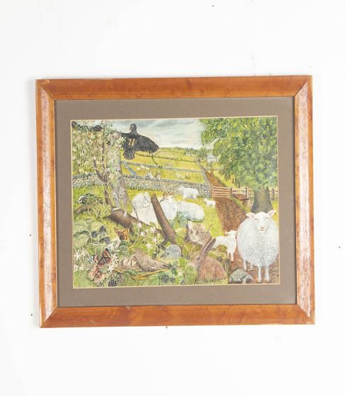 20th Century Birds and Animals Drawing in Maple Frame WD0231982