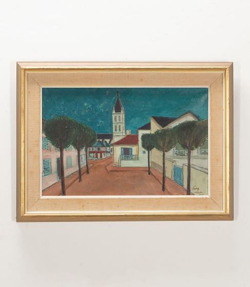 Mid-Century Swedish Oil on Canvas Painting of a French Town Square WD1241748