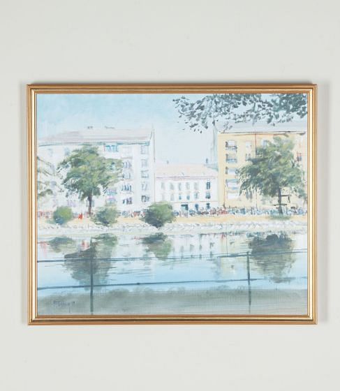 Late 20th Century Swedish Original Oil on Canvas Painting 'Town Houses by a River' WD1243048