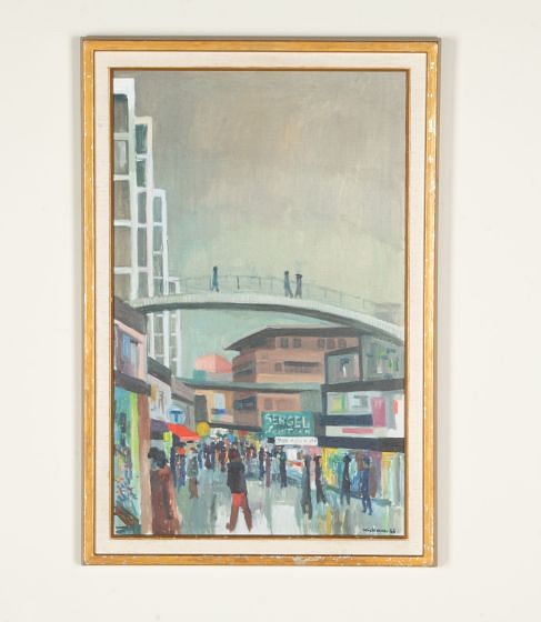 20th Century Swedish Oil on Canvas Painting 'Modernist Bridge Over a Civic Centre' by Harry Wichmann (1926-93) WD1243057