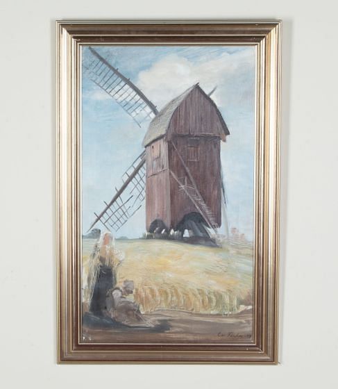 20th Century Swedish Oil on Canvas Painting ‘Harvesters Resting Before a Windmill’ by Evert Farhm (1901-71) WD1243072
