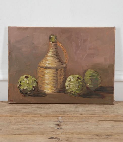 Small French Still Life Painting of Artichokes and Bottle WD1534302