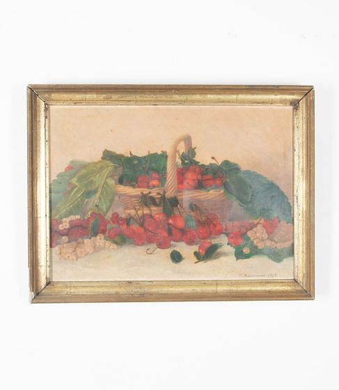 Framed Still Life Painting Of Cherries Signed Delanneau WD1538559