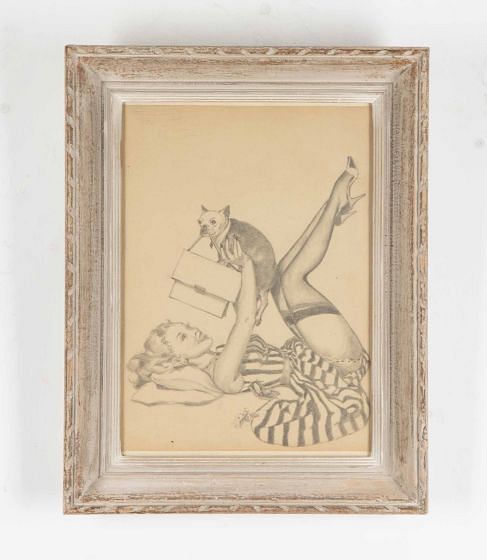 Mid-Century French Framed Drawing of a Pin Up Girl with Pug Dog WD1540115