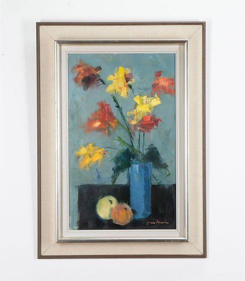 20th Century Swedish Oil on Board of a Blue Vase & Flowers WD1838823