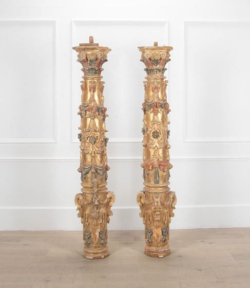 Pair of 17th Century Italian Baroque Gilded and Lacquered Columns WD2838374