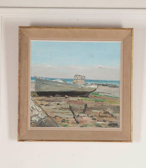 20th Century French Oil on Board Painting of Boat on a Beach WD4812727