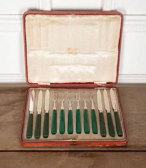 Art Deco Silver Dessert Knives Forks With Emerald Green Handles DA5834117