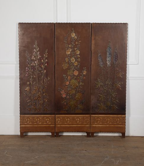 Early 20th Century Arts and Crafts Embossed Leather Screen DA5329493
