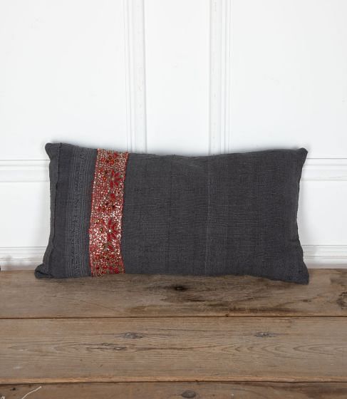 Hand Dyed Black Linen Cushion with Indian Beadwork Braid RT9034093